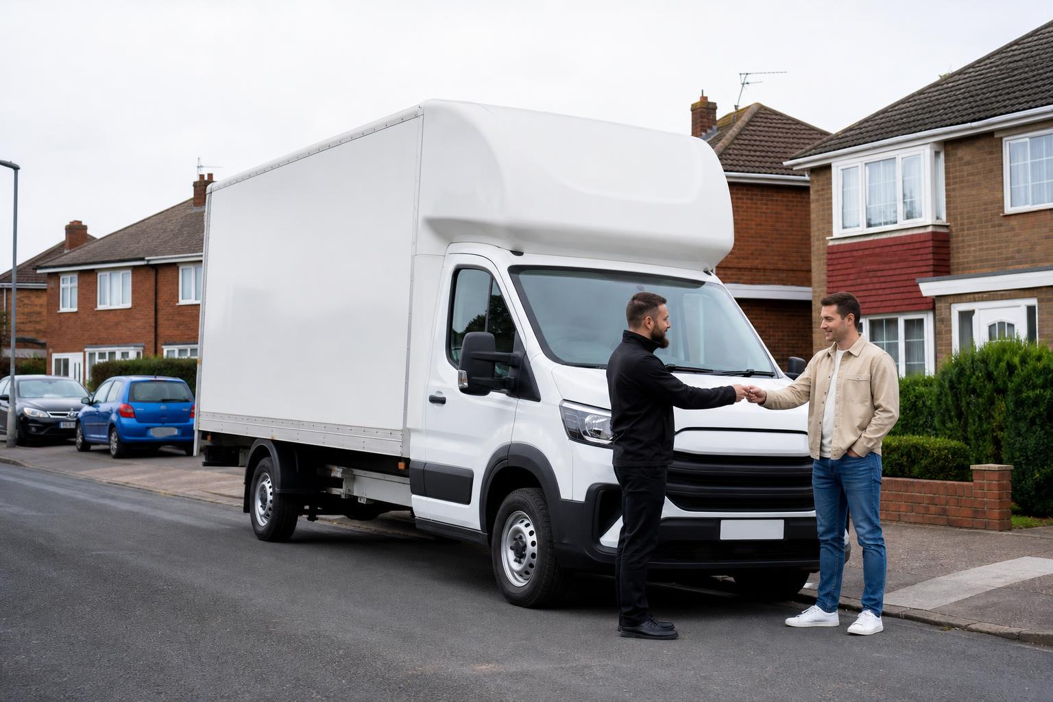 Luton van handover on a residential street in Balderton