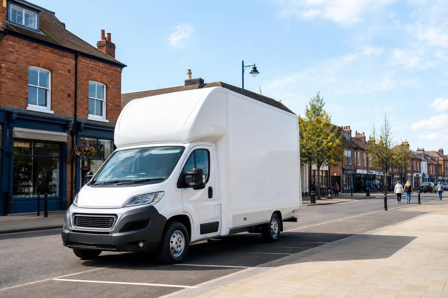 Luton hire van parked near a town centre street in Bingham