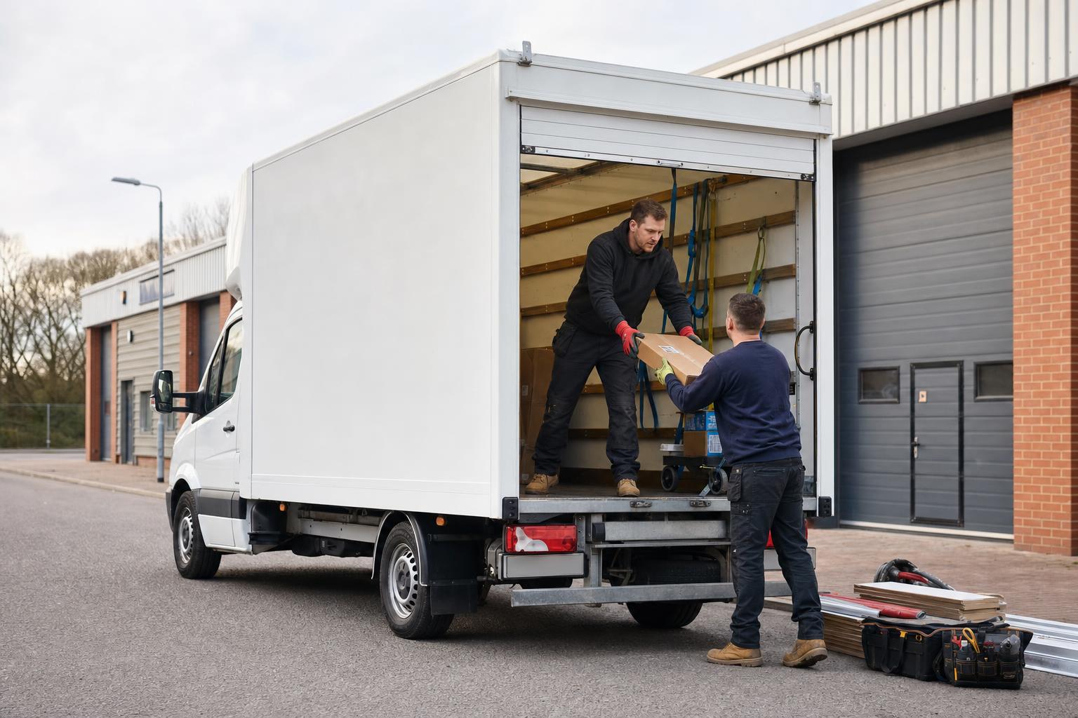 Workers loading a Luton van at a trade unit in Ollerton