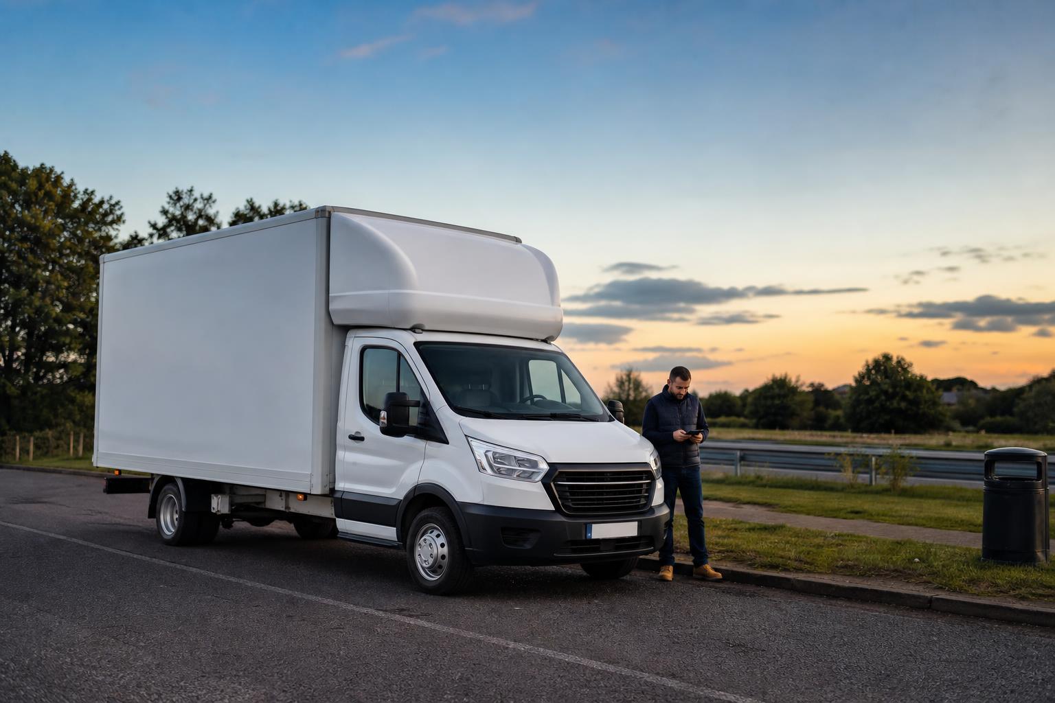 Luton van at a roadside stop near Tuxford on a regional route